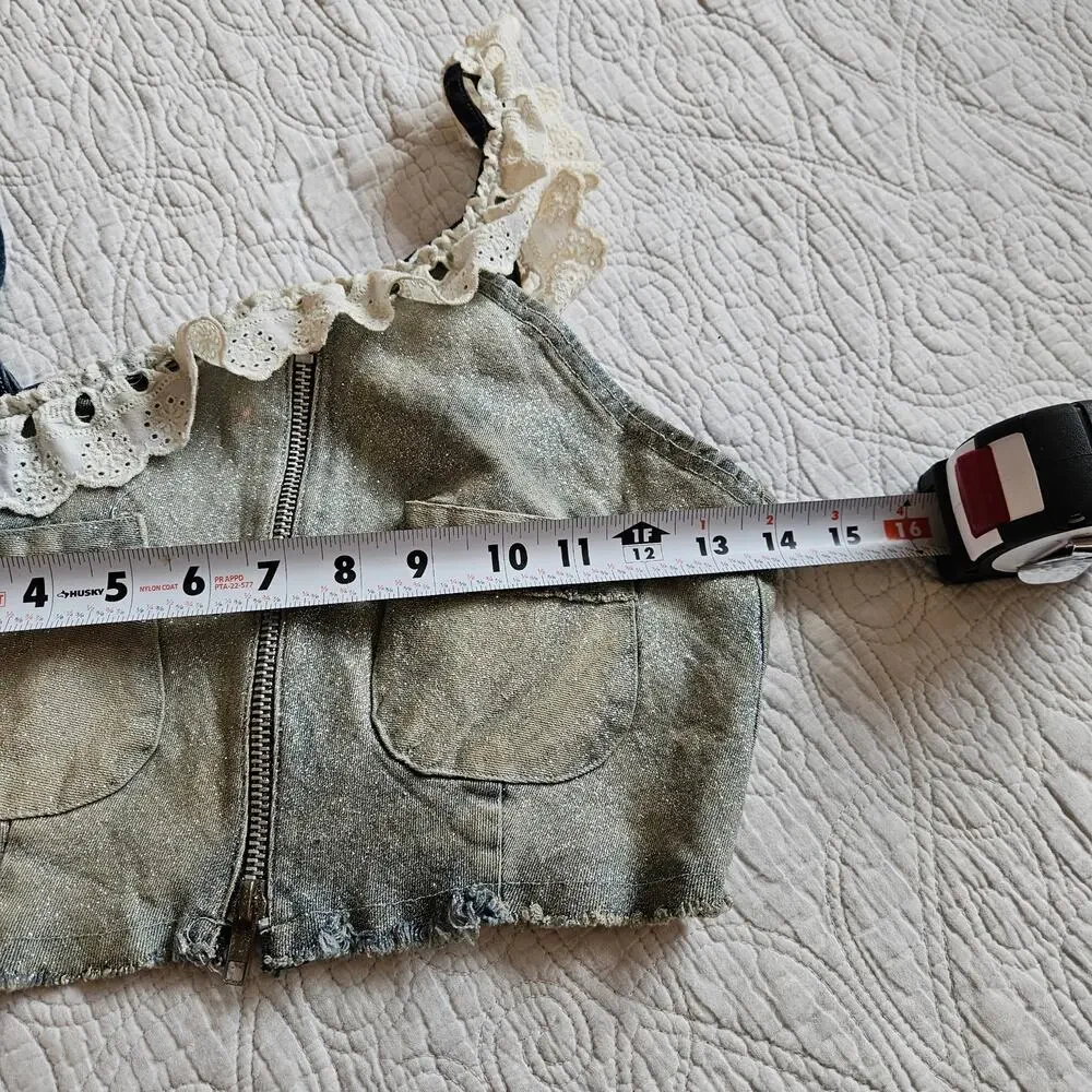 Sold - Euro Sparkly Denim Top Cropped White Eyelet Detail - Size Small - Picture 8 of 8